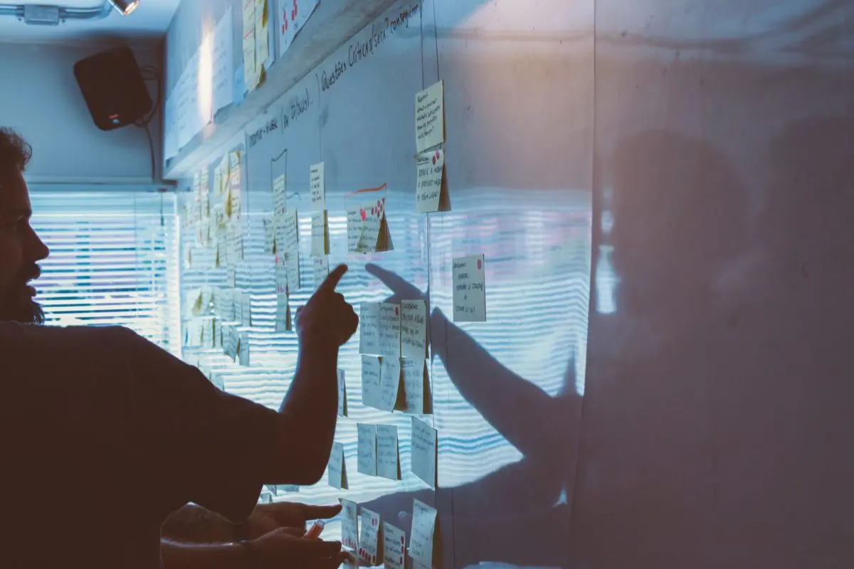 Sticky notes on a board showcase the significance of streamlined business processes in strategic brand management